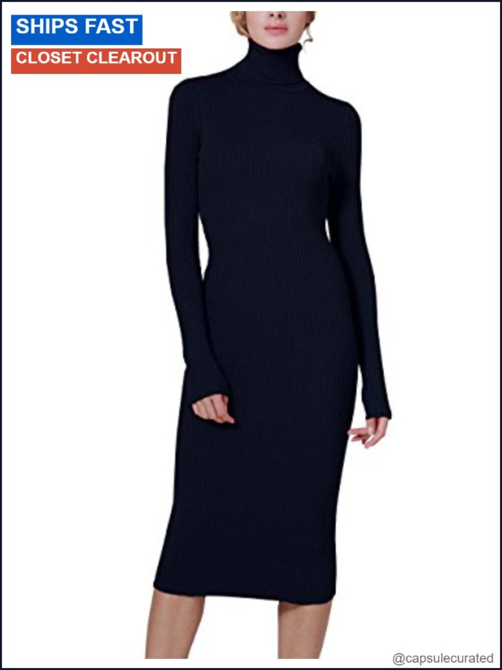 Ribbed Turtleneck Long Sleeve Midi Sweater Dress - Slim Fit